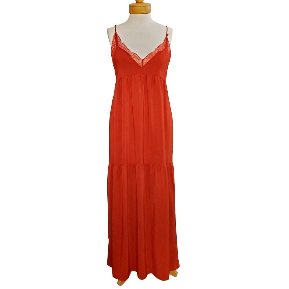 Lovestitch Tiered Maxi Dress V-Neck Orange/Rust Spaghetti Straps Lace Prom Sz S